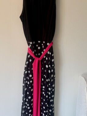 Black Polka Dot Maxi Dress with Hot Pink Sash